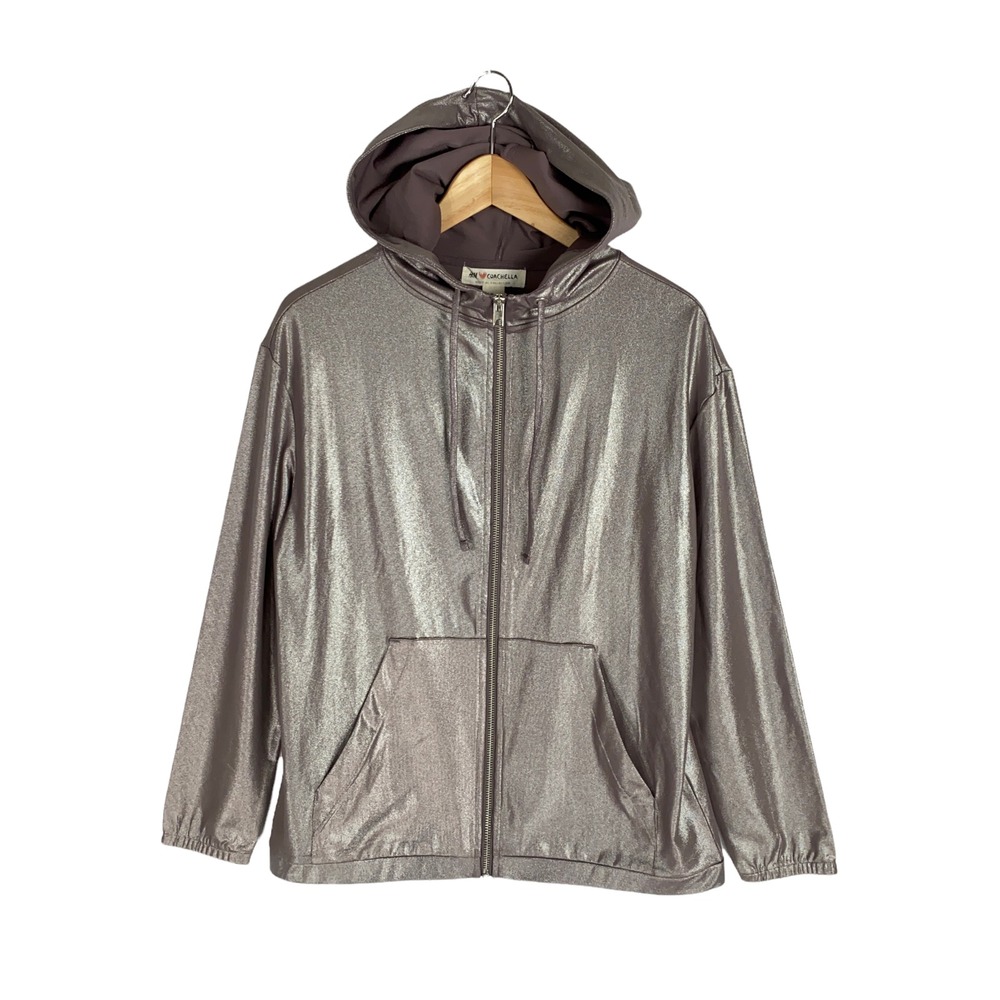 H&M Coachella Lightweight Hoodie Womens XS Gray Silver Stretch Knit Full Zip
